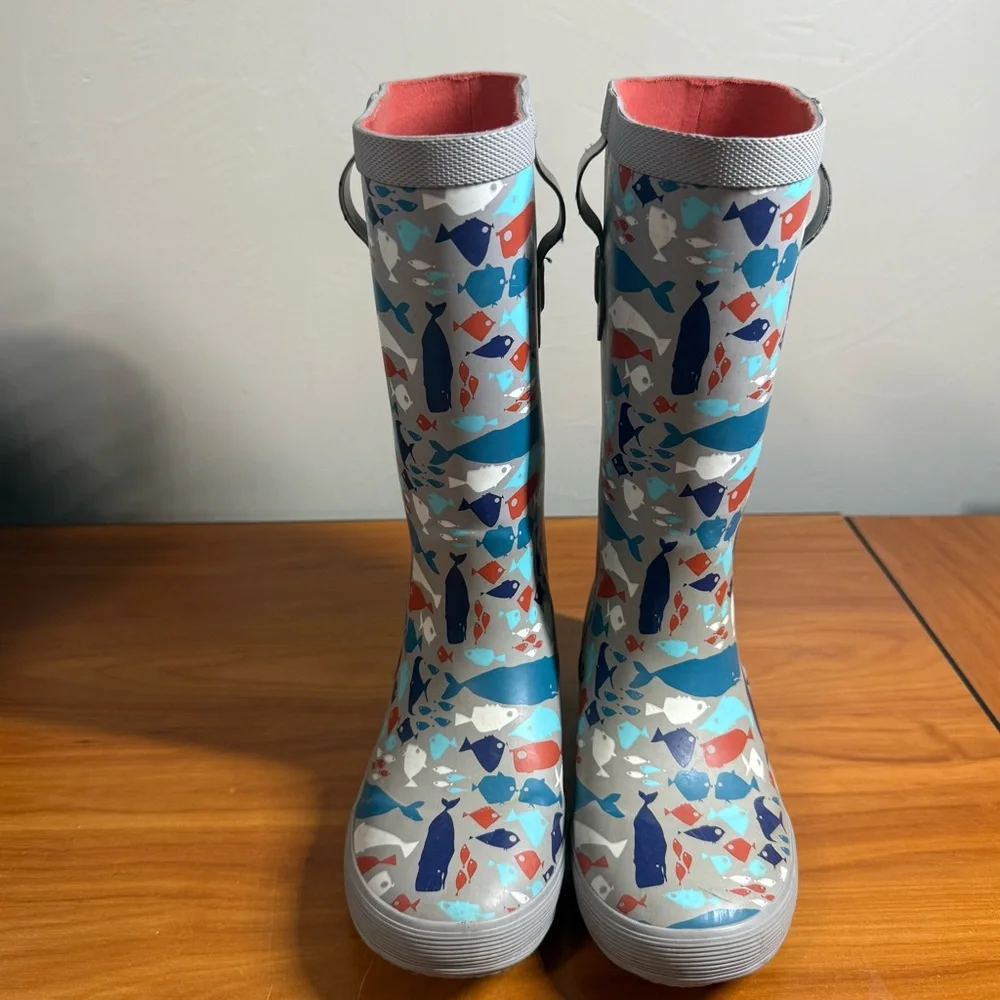 L.L. Bean Kids Wellie Rain Boots Ocean Fish Grey Unisex Rubber Spring Big Kids 2